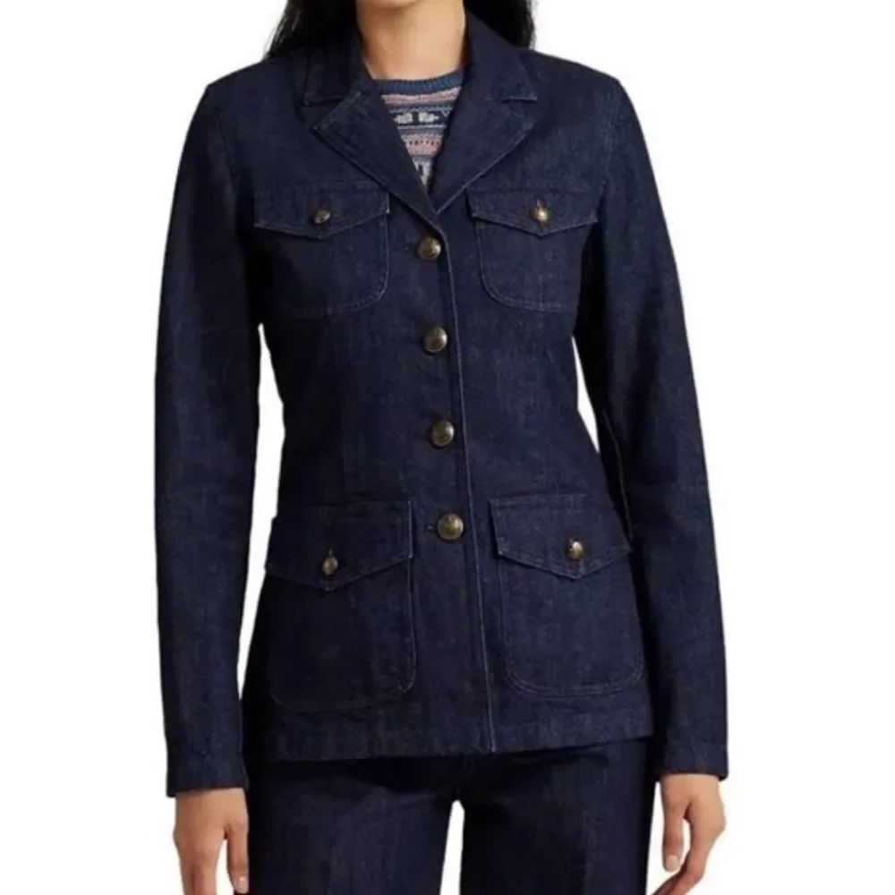 Lauren Ralph Lauren Women's Dark Wash Denim Jacket Gold Buttons Military Inspo